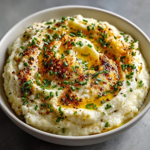 Silky smooth Cauliflower Mash with Garlic, steaming hot and ready for a delicious dinner.