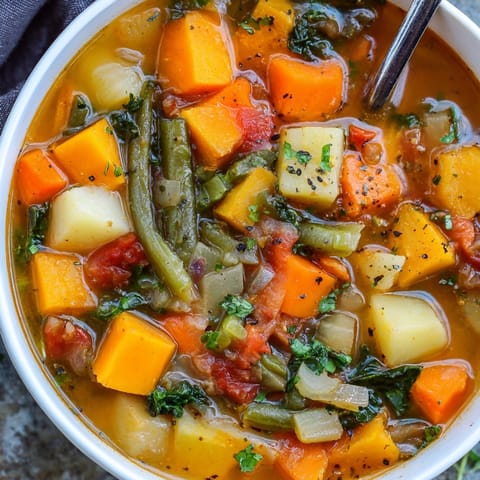 Close-up of rustic Fall Vegetable Soup, steam rising, garnished invitingly with fresh parsley.