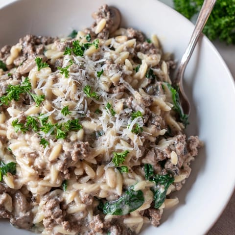 Spoonful of creamy beef orzo, glistening with cheese, a delightful and easy weeknight dinner.