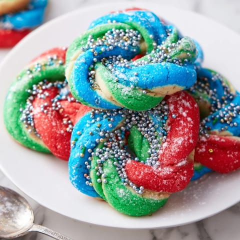 Colorful twisted cookies showcasing festive blue, red, and green hues for celebrations.  