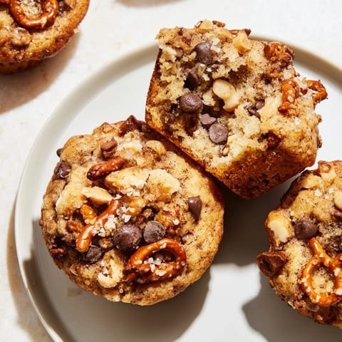 Deliciously spicy Flamin Hot Pretzel Cookie Muffins with chocolate chips and a golden crust.  