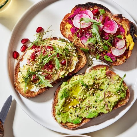 Delectable Bright & Bold Breakfast Toasts bursting with colorful toppings like pomegranate and microgreens.  