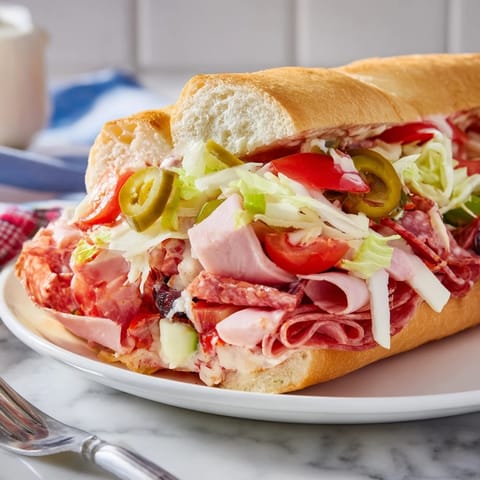 Savory Flavor Mash-Up Sandwiches bursting with Italian meats and crisp vegetables on soft rolls.  