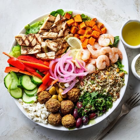 Guests delight in creating customized bowls adorned with grilled proteins and vibrant vegetables.  