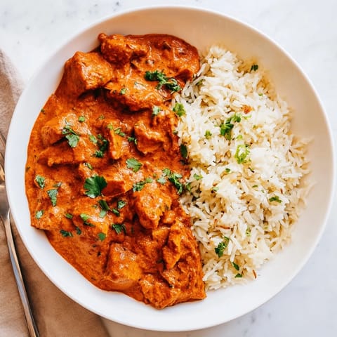 Tender chicken in rich tomato sauce, paired beautifully with fluffy rice pilaf.  