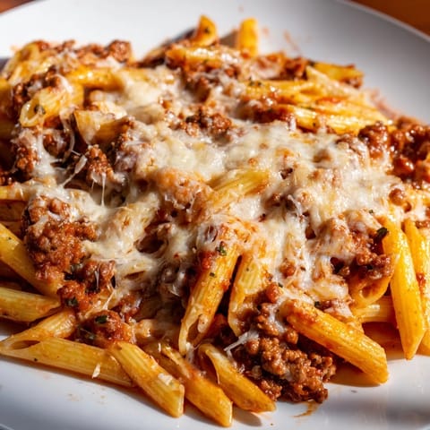 A close-up shot of the savory Cheesy Beef & Penne Bake, brimming with melted mozzarella and parmesan.
