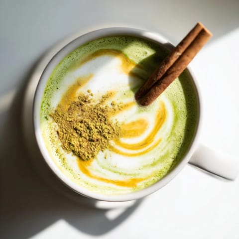A beautiful, frothy Maple Cinnamon Gingerbread Matcha Oat Latte with visible layers, inviting you to sip.
