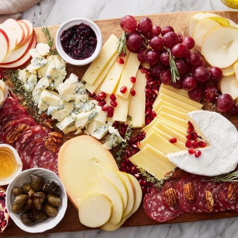 Vibrant Jingle Bell Cheese Board—a delicious appetizer with Brie, Cheddar, colorful fruits, and crackers.