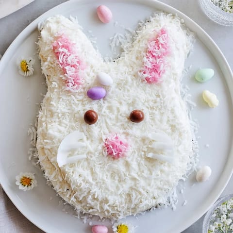 A whimsical Spring Bunny Carrot Cake decorated with fluffy coconut and pink details for Easter.