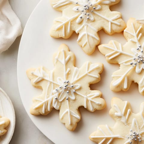 A close-up of the Winter Snowflake Platter, featuring freshly baked snowflake cookies dusted with icing sugar.