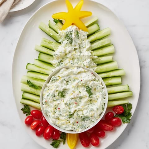 Festive Cucumber Tomato Tree Dip Platter: A colorful, fresh appetizer with creamy dip, perfect for parties and gatherings.