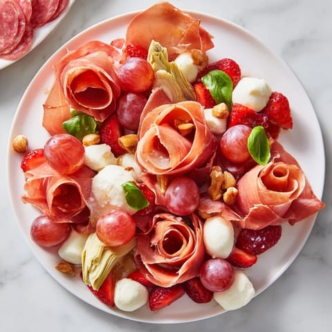 This beautiful prosciutto rose bouquet board offers a tempting array of fresh fruit, nuts, and delicious meats.