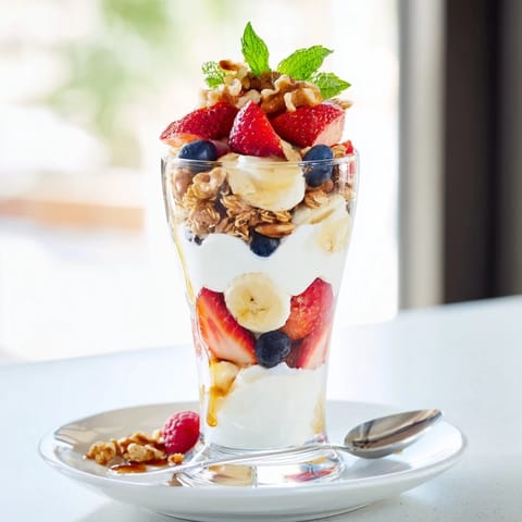 Creamy Greek yogurt, granola, and colorful fruit are layered in these Yogurt and Granola Parfait glasses.