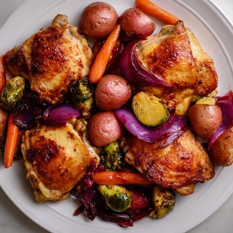Golden-brown Sheet Pan Chicken with Cranberry Vinaigrette, glistening from the tangy glaze, surrounded by roasted vegetables.