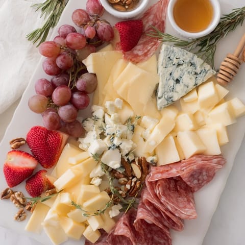Artfully arranged The Waterfall Edge Grazing Board overflowing with grapes, cheese, and crackers, ready to serve.