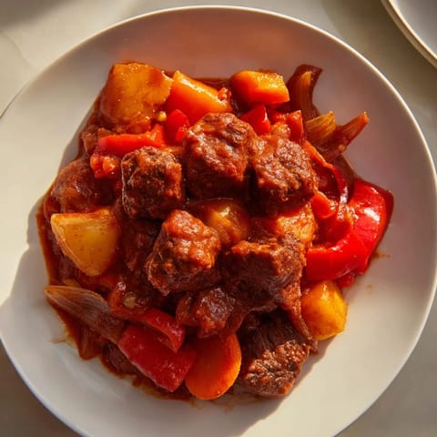 Hearty Hungarian Goulash stew, a thick, rich stew filled with savory beef and spices, perfect for dinner.