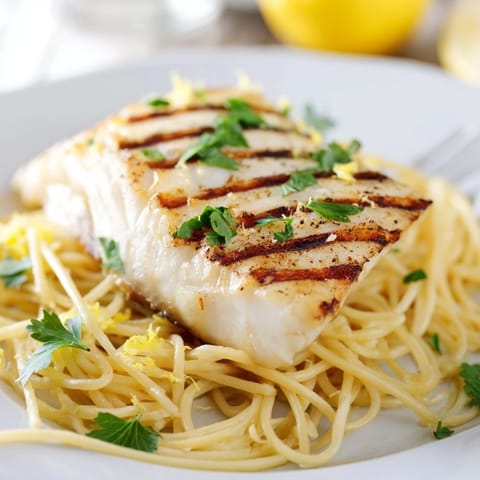 Grilled sea bass fillets rest atop spaghetti coated in a bright lemon-butter sauce, garnished with fresh parsley.