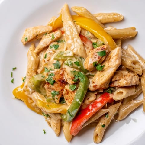 Golden pasta and fajita-spiced chicken in a creamy Tex-Mex skillet, ready to serve.