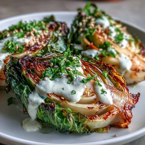 Tender roasted cabbage wedges with savory tahini sauce, a delicious plant-based side.