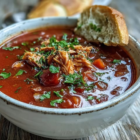 A bowl of homemade Tuna and Tomato Soup garnished with fresh parsley and served alongside crusty bread.