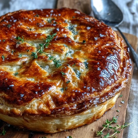 Golden brown puff pastry covers a deep ceramic dish filled with Chicken and Leek Pie, brushed with a shiny egg wash. Visible specks of fresh thyme and chopped leeks dot the creamy filling. A silver fork rests beside a generous slice on a white plate, inviting diners to enjoy the hearty main course. Ideal for visual inspiration for home cooks. 