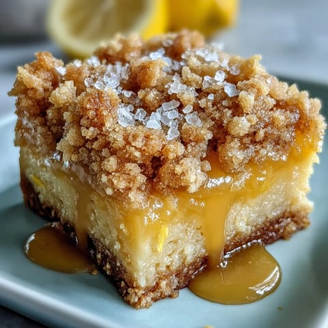 Homemade Lemon Crumb Bars with golden crumbs and a vibrant yellow lemon filling, served on a rustic plate.