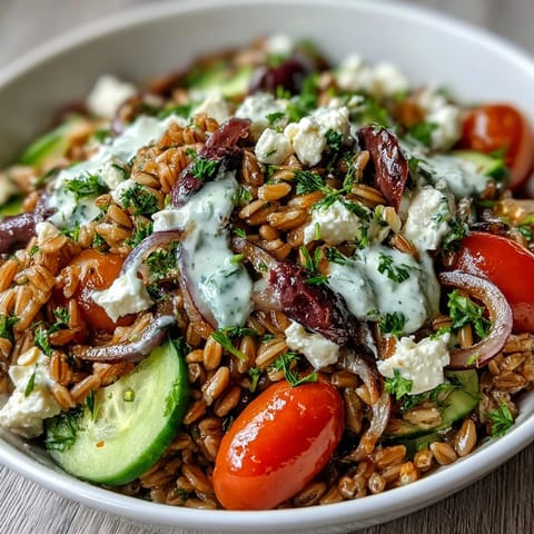 Colorful Mediterranean Farro Bowl topped with Kalamata olives, fresh parsley, and crumbled feta cheese served in a rustic ceramic bowl.