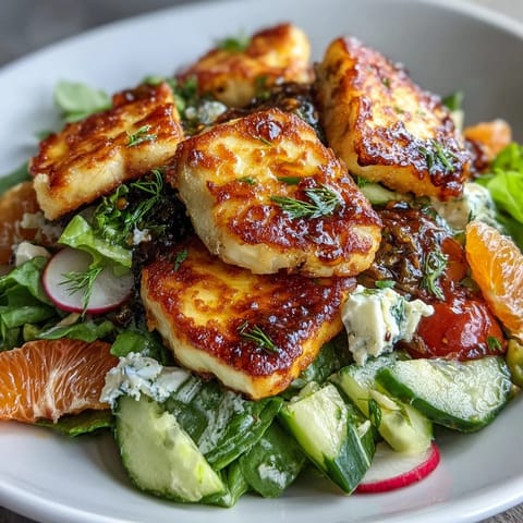 Fresh Halloumi Blood Orange Fattoush salad with cucumber, tomatoes, and radishes, drizzled with pomegranate molasses, ready to serve on a platter.