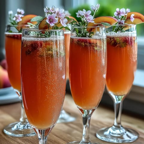 A chilled glass of Elderflower Guava Mimosa topped with a guava slice, ready for a sunny brunch.
