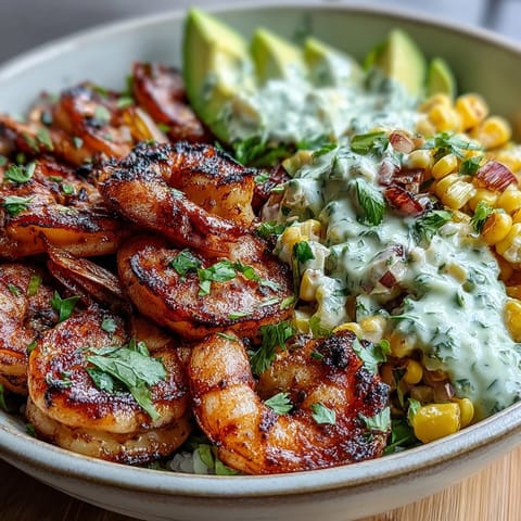A close view of a deconstructed Grilled Shrimp Bowl featuring smoky shrimp, chunky corn salsa, and sliced avocado on fluffy rice.
