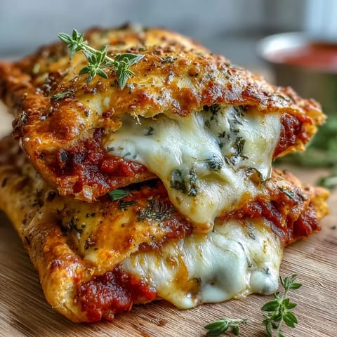 Golden-brown High Protein Pizza Hot Pockets rest on a cooling rack, revealing melted mozzarella and zesty red sauce peeking from a flaky, herb-flecked crust.