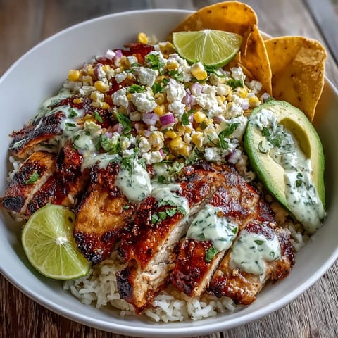 Freshly chopped cilantro and crumbled Cotija cheese garnish a vibrant bowl of Street Corn Chicken Rice Bowl, ready to be enjoyed with lime wedges for a bright, zesty finish.
