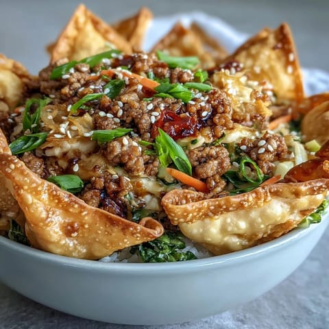 Freshly baked golden wonton strips sit atop a savory bowl of Crispy Baked Egg Roll Chicken with fluffy rice.
