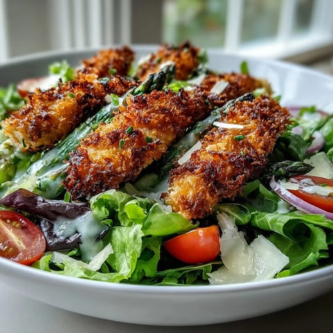 In a white bowl, the Crispy Parmesan Asparagus Chicken Salad displays vibrant red cherry tomatoes and shaved Parmesan beside warm, crispy asparagus tips on mixed greens.
