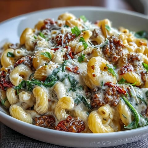 A skillet of Creamy Tuscan Chili Mac with steam rising, topped with fresh basil and extra Parmesan for a cozy dinner.