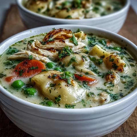 Creamy Chicken Pot Pie Soup topped with fresh parsley and served beside a flaky golden biscuit.