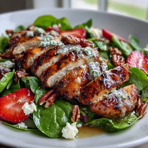 Sliced grilled chicken rests atop a bed of spinach, strawberries, and feta, drizzled with creamy poppy seed dressing. 