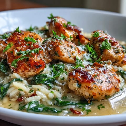 Freshly cooked One-Pot Lemon Garlic Chicken and Orzo steams in a skillet, garnished with wilted spinach and parsley.