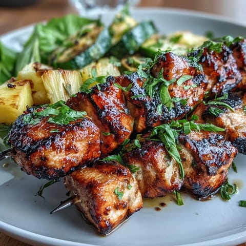 Juicy honey-lime marinated chicken grilled with zucchini and pineapple on skewers, a colorful summer barbecue favorite.  