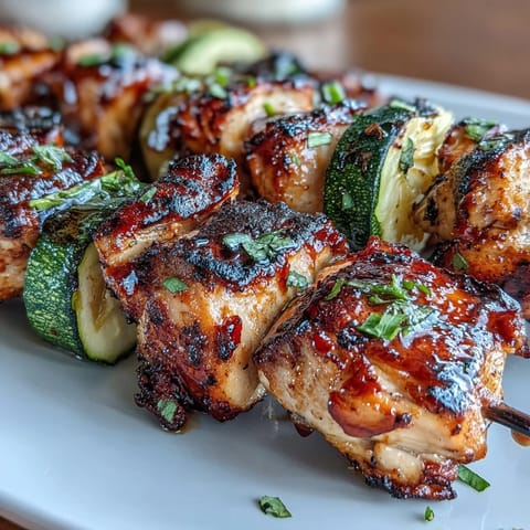 Grilled skewers featuring tender chicken, fresh zucchini, and sweet pineapple, glazed with a tangy honey-lime marinade for bold flavor.  