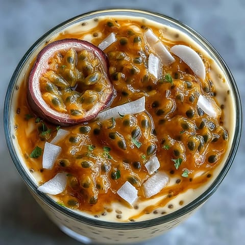 Creamy passionfruit chia pudding with coconut milk, tangy passionfruit puree, and fresh coconut slices in a glass bowl.
