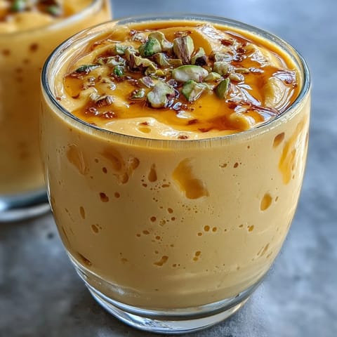 Creamy mango lassi with ripe mango chunks, yogurt, and fragrant cardamom, served chilled in a tall glass.
