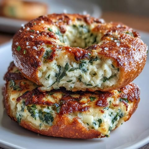 Golden spinach cottage cheese flagels with melted mozzarella, served on a rustic wooden board for a protein-packed breakfast.