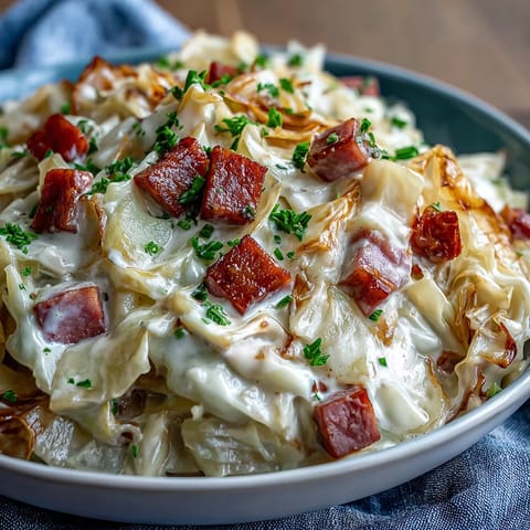 Creamy Cabbage and Ham Skillet with tender cabbage, savory ham, and rich cream sauce in a cast iron pan.  