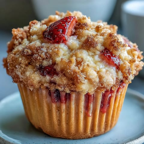 Moist strawberry muffins topped with buttery crumble and fragrant lemon zest, perfect for a sweet breakfast treat.  