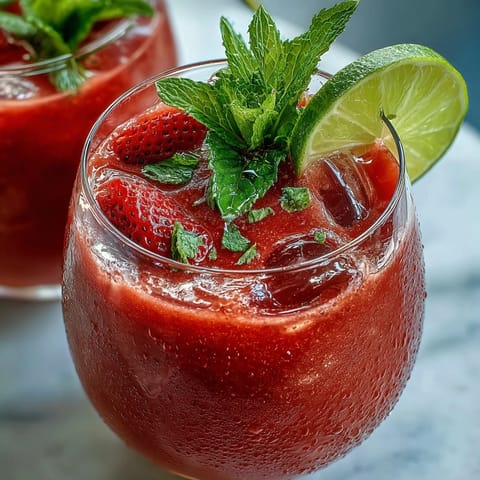 Vibrant strawberry watermelon daiquiri mocktail with fresh mint, lime, and ice in a chilled glass, perfect for summer refreshment.