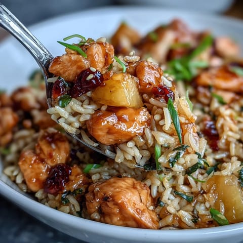 Aromatic Sweet Chili Chicken Pineapple Fried Rice served in a hollowed-out pineapple, garnished with roasted cashews, fresh cilantro, and lime wedges for a tropical feast.  