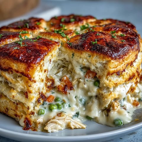 Creamy chicken pot pie with biscuit topping, golden crust over rich, savory filling of tender chicken and vegetables.