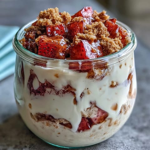 Strawberry cheesecake overnight oats with graham cracker topping, creamy oats layered with fresh strawberries and crunchy crumbs in a jar.