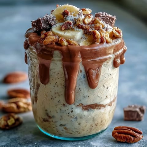 Protein cookie dough overnight oats in a glass jar, layered with creamy oats, mini chocolate chips, and a swirl of almond butter.